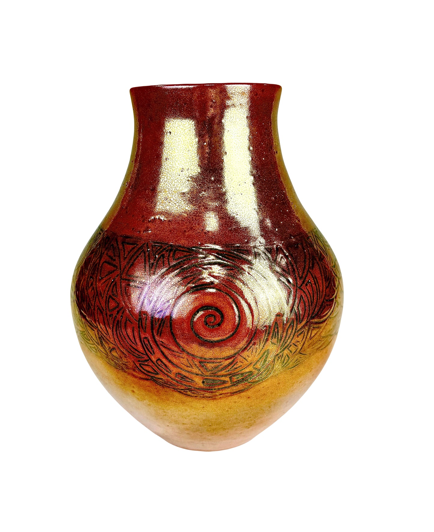 Honey Bronze Luster Glaze Vase with a Large Carved Cobalt Swirl Design