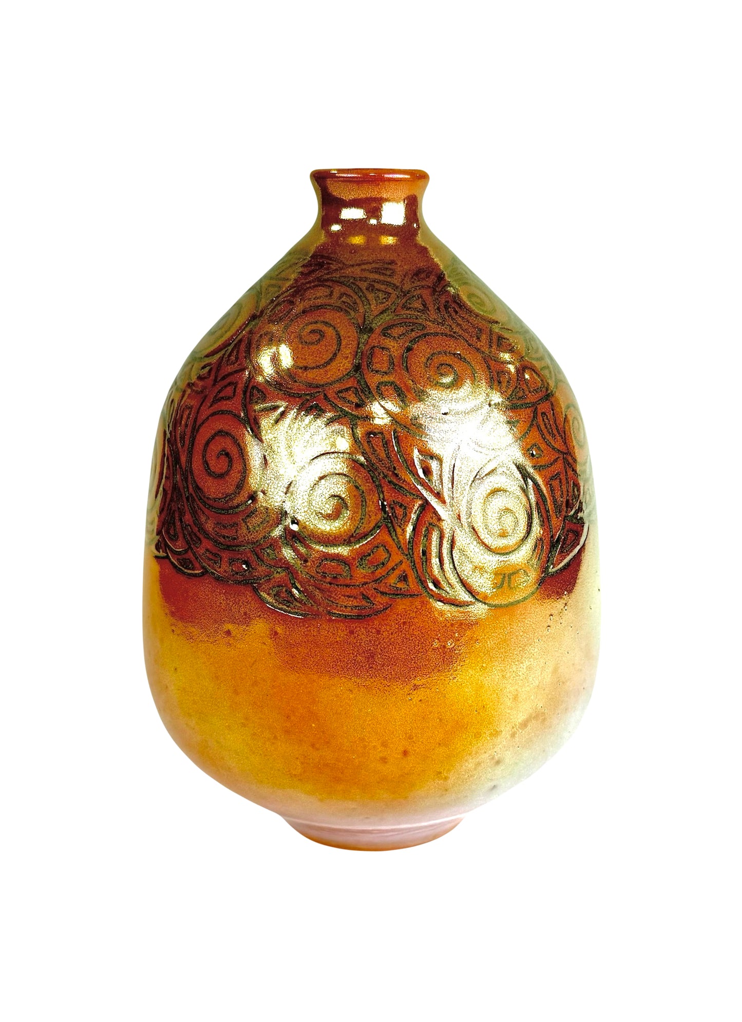 Honey Bronze Luster Glaze Vase with Carved Cobalt Swirl Design