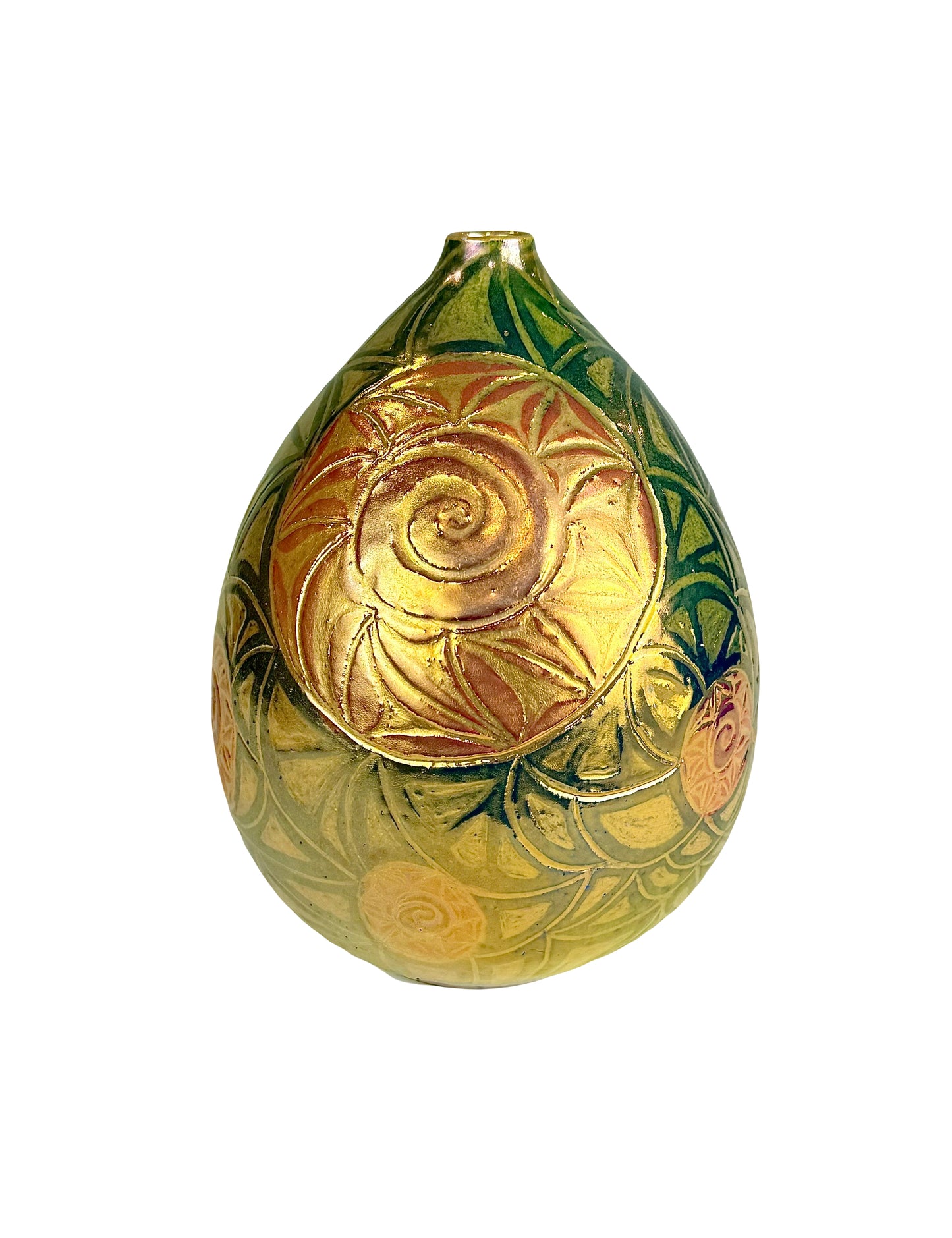 Gold Luster Vase with Colored Engobes and a Sgraffito Swirl Design