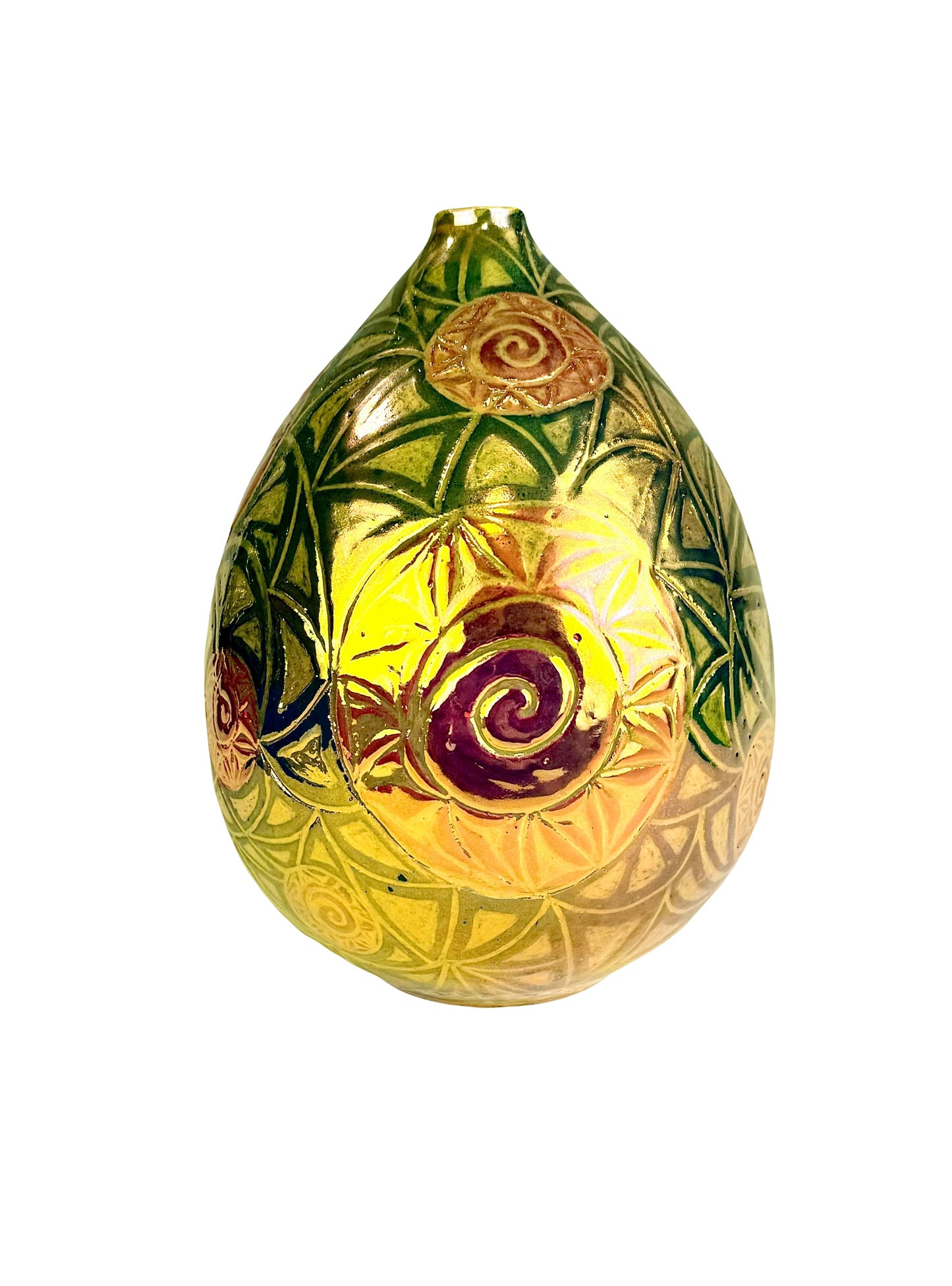 Gold Luster Vase with Colored Engobes and a Sgraffito Swirl Design