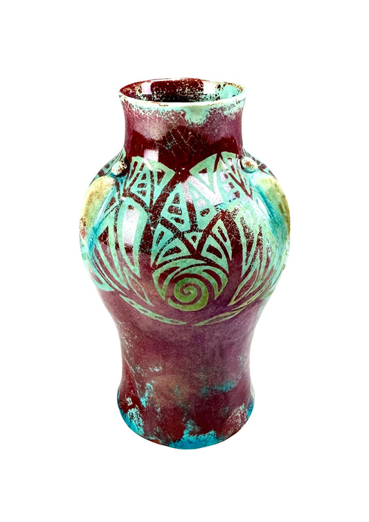 Copper and Blue Luster Sgraffito Vase with Lugs