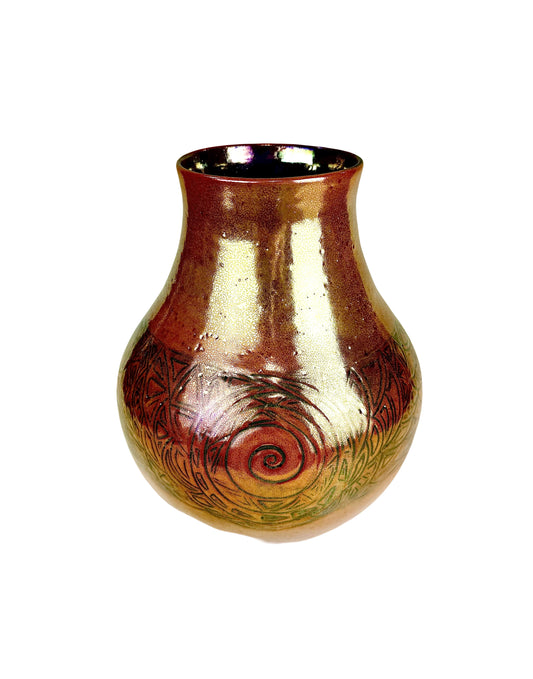 Honey Bronze Luster Glaze Vase with a Large Carved Cobalt Swirl Design