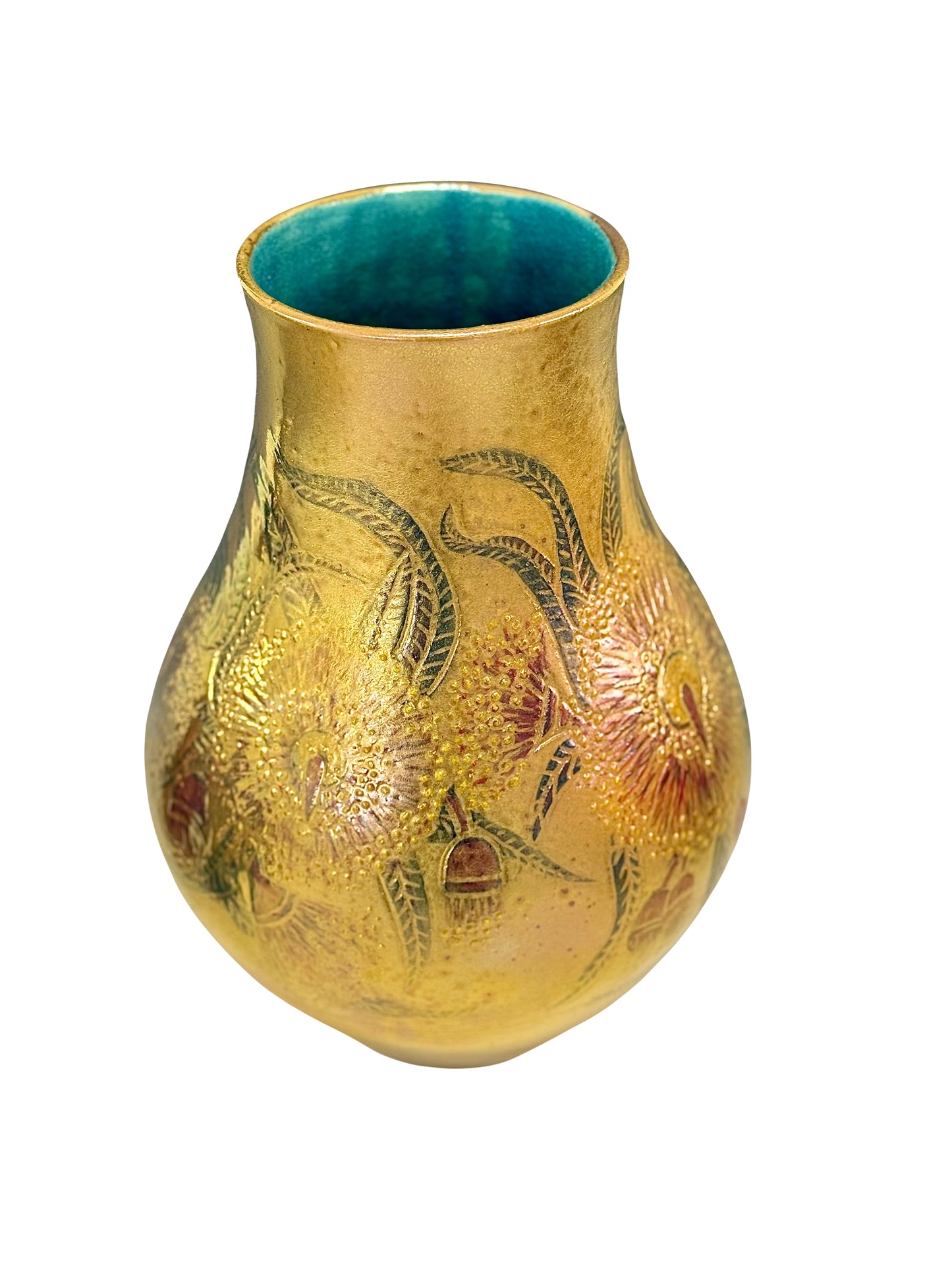 Gold Luster Glaze Vase with Eucalyptus Blossoms