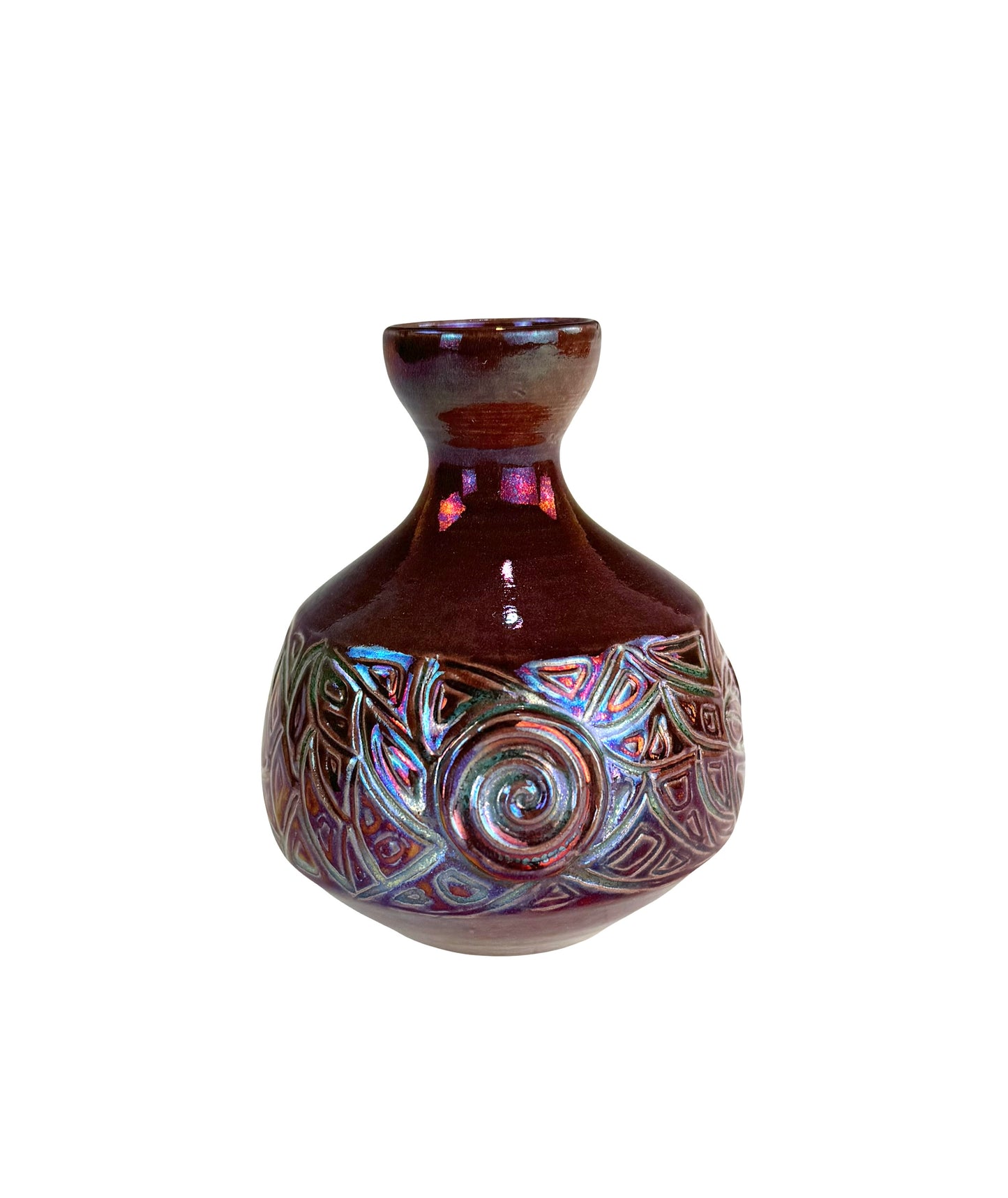 Copper Red Luster Vase with Carved Swirl Band